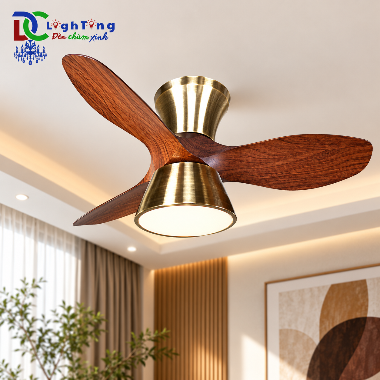 Quạt trần mini QViFa-905 3 cánh nhựa ABS giả gỗ màu coffee, thân xi đồng, đèn LED 3 màu
