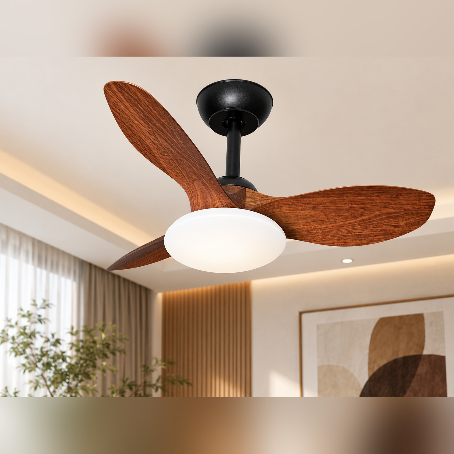 Quạt Trần Mini QViFa-425 3 cánh nhựa ABS màu coffee thân đen đèn LED 3 màu