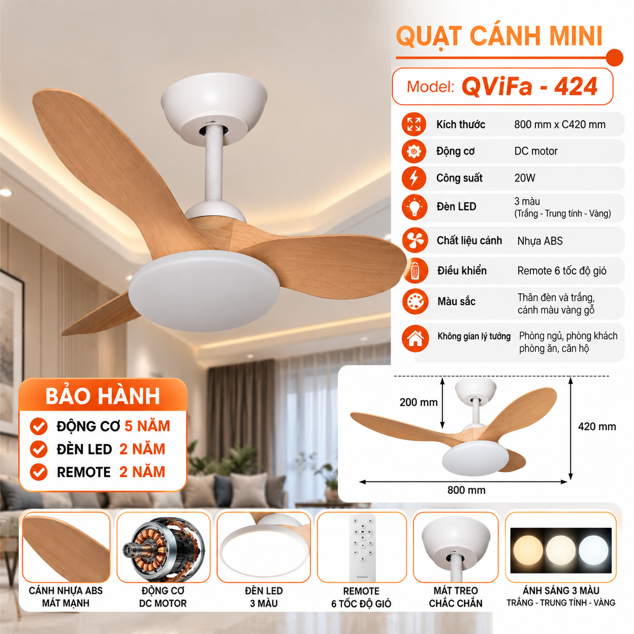 Quạt Trần Mini QViFa-424 cánh nhựa ABS giả gỗ 800mm động cơ DC 20W đèn LED 3 màu