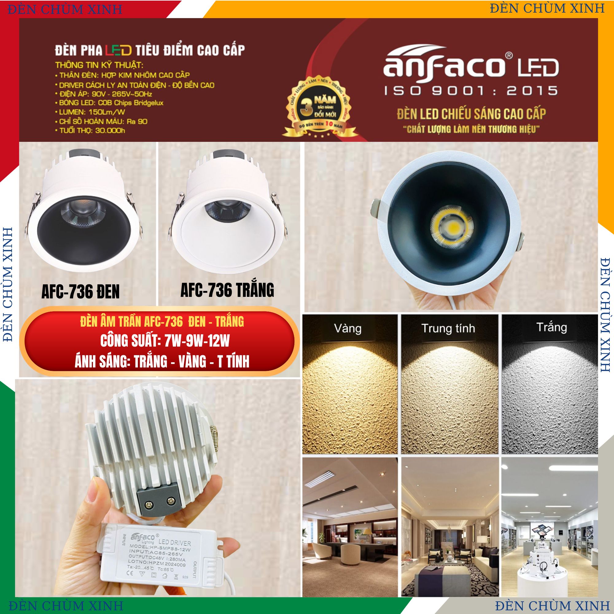 ĐÈN ÂM TRẦN LED CHÍNH HÃNG ANFACO AFC-736/9W MÀU ĐEN & TRẮNG
