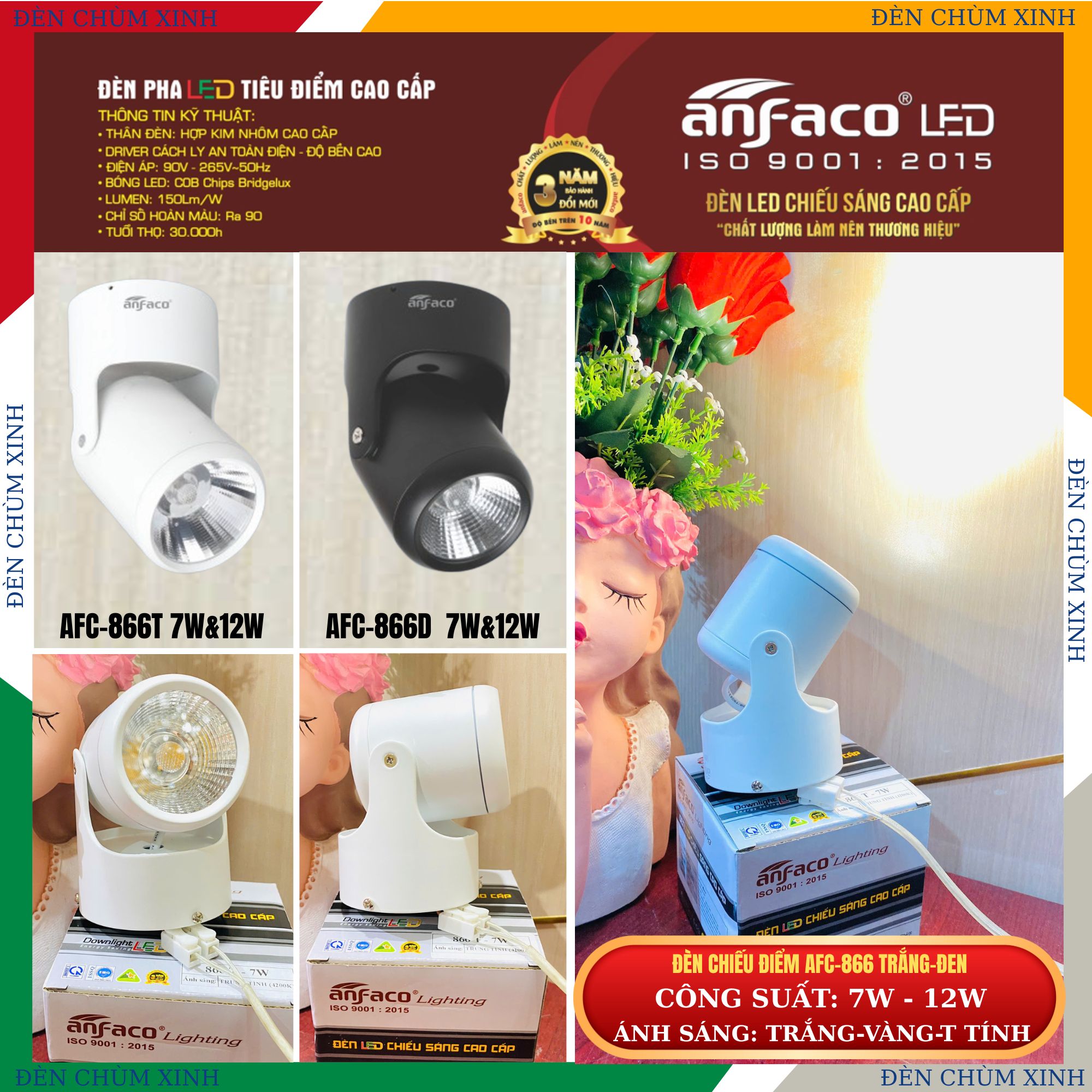 ĐÈN PHA LED TIÊU ĐIỂM CHÍNH HÃNG ANFACO AFC-866/12W MÀU ĐEN & TRẮNG