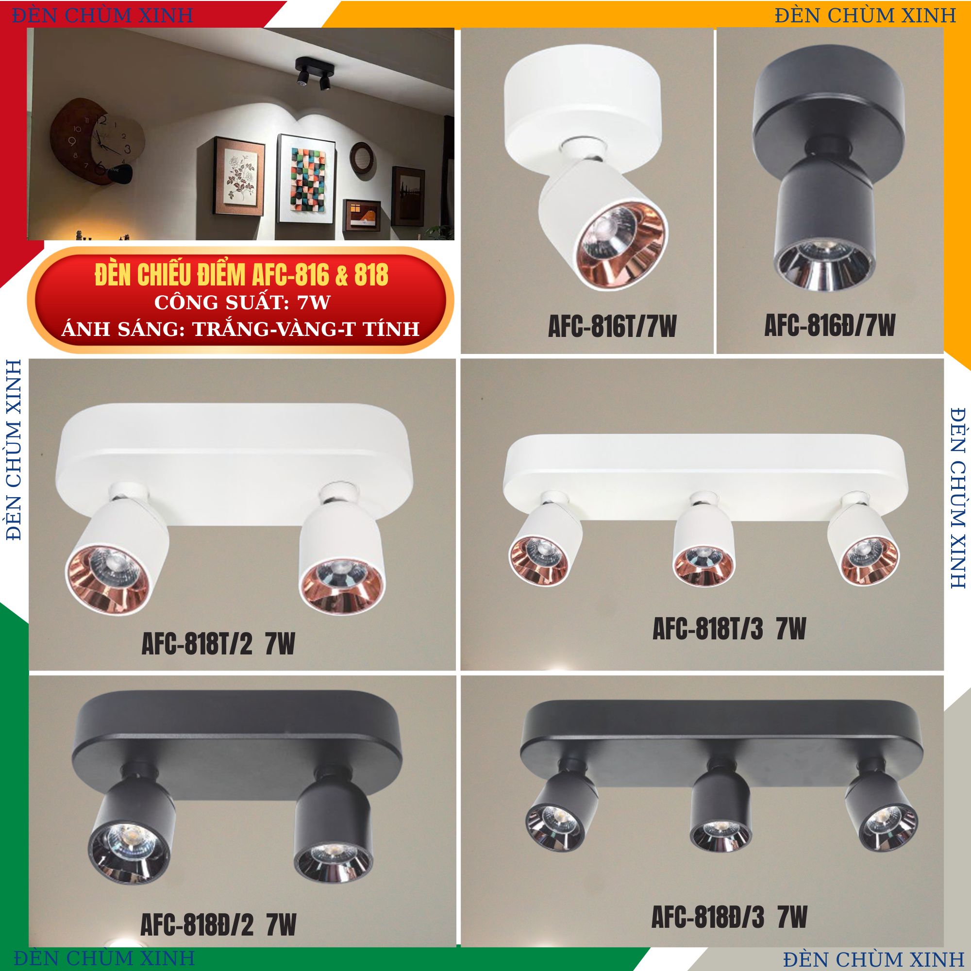 ĐÈN PHA LED TIÊU ĐIỂM CHÍNH HÃNG ANFACO AFC-816T/7W MÀU ĐEN