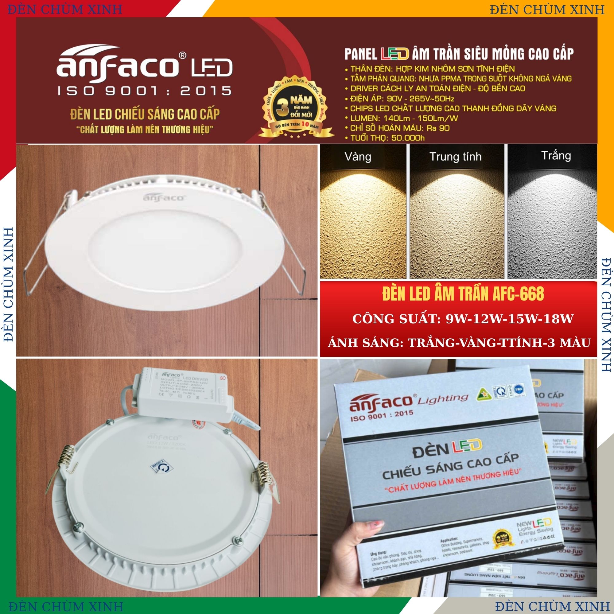ĐÈN ÂM TRẦN LED CHÍNH HÃNG ANFACO AFC-668/9W ( 3 MÀU )