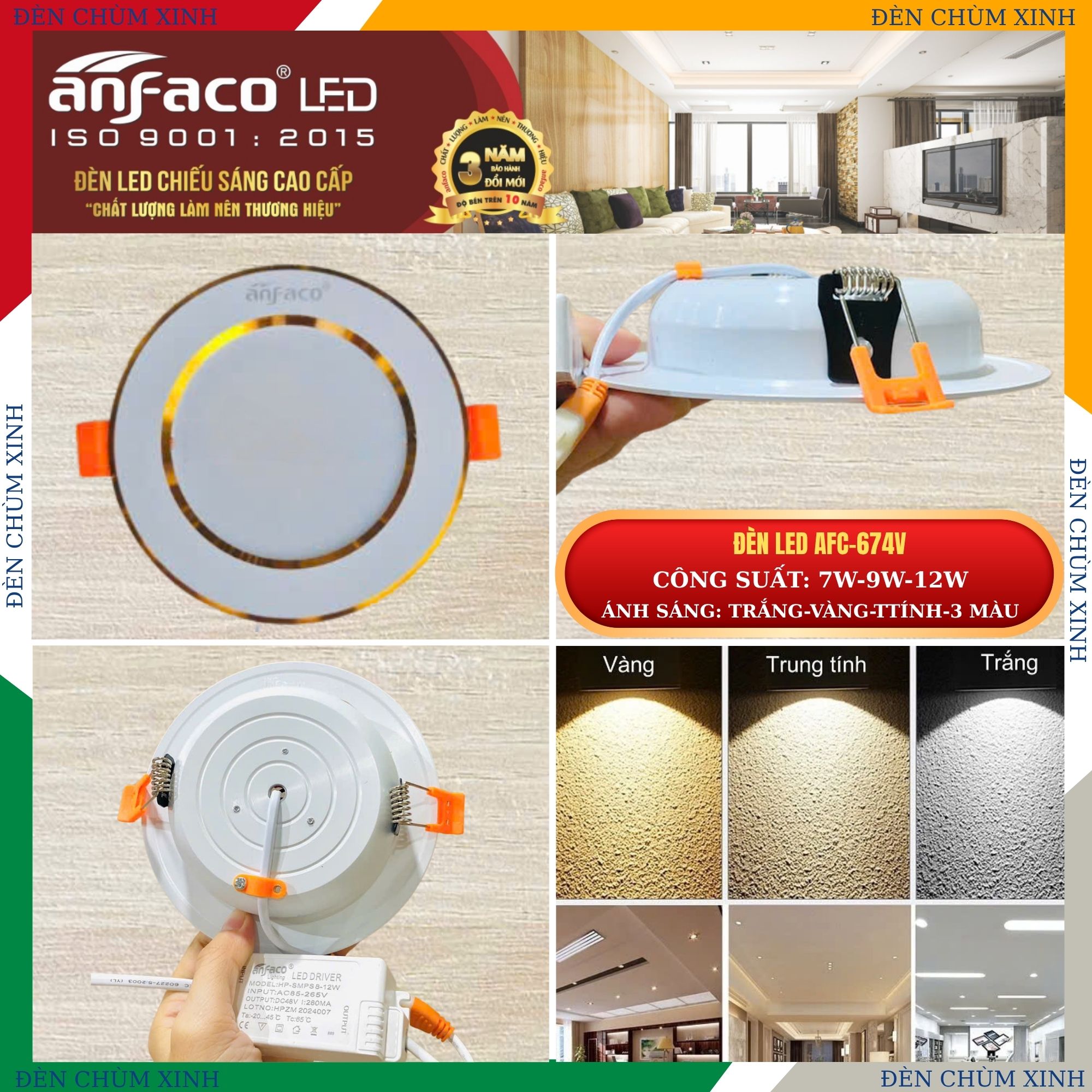 ĐÈN ÂM TRẦN LED CHÍNH HÃNG ANFACO AFC-674V/7W ( 3 MÀU )