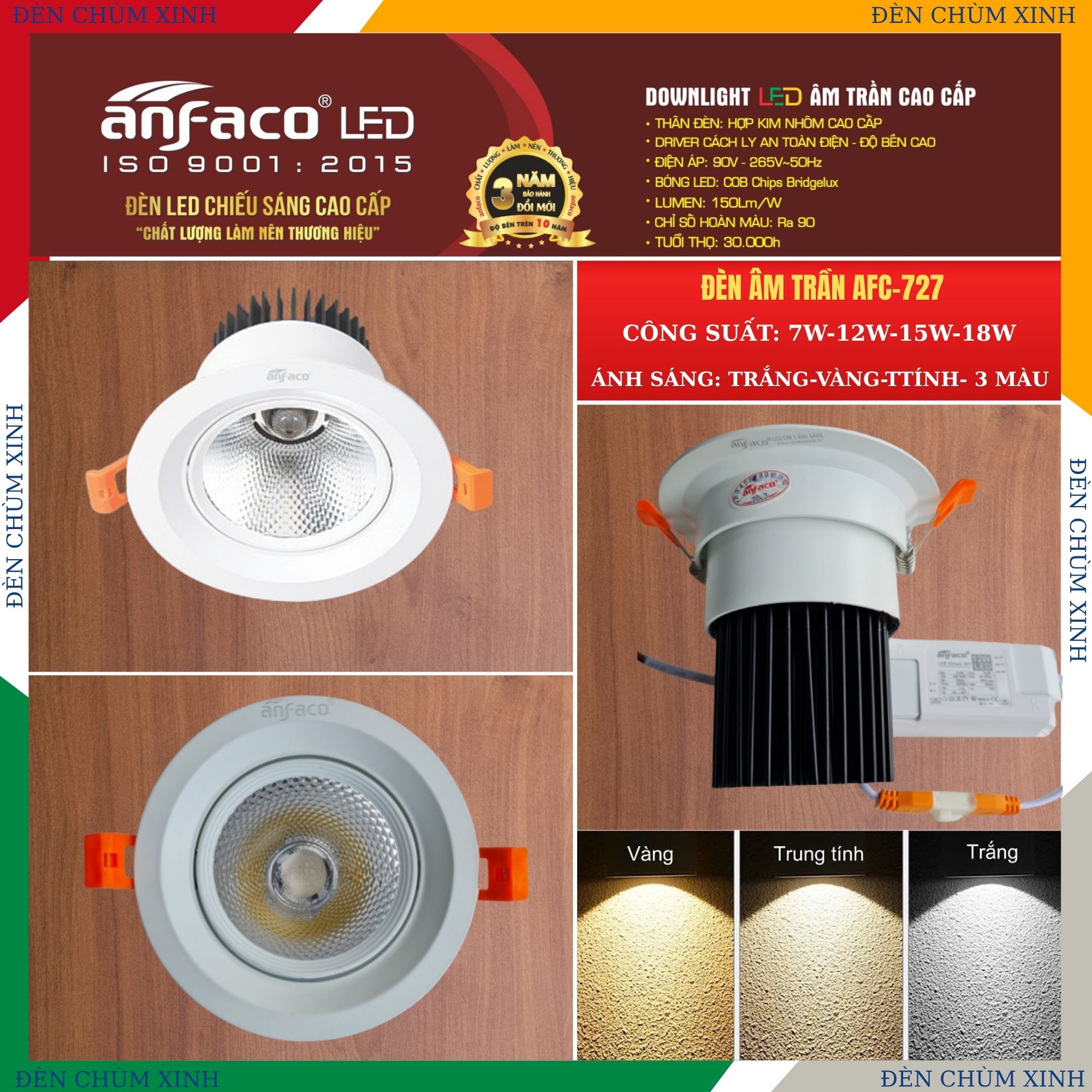 ĐÈN LED ÂM TRẦN AFC-727/7W ( 3 MÀU ) CHÍNH HÃNG ANFACO