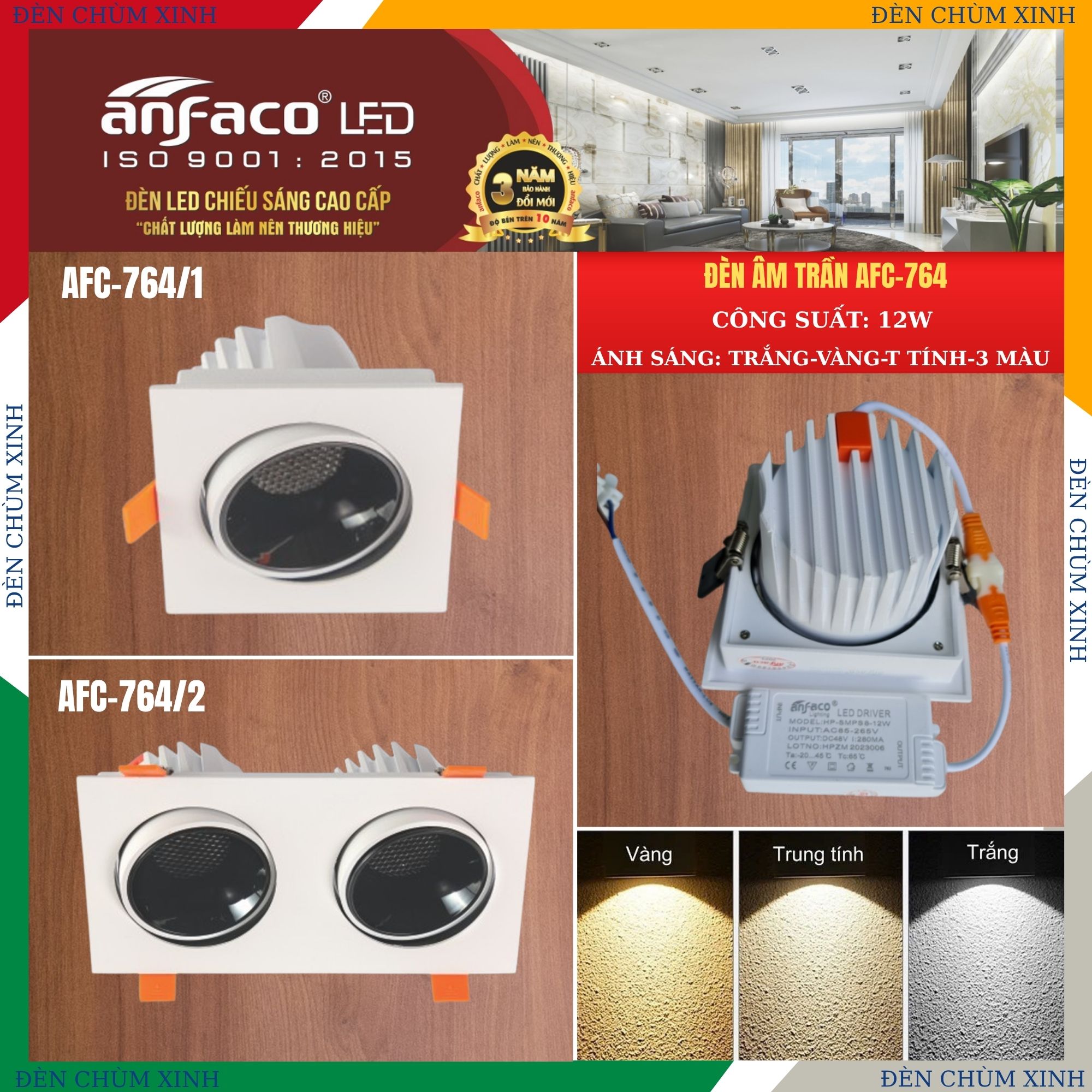 ĐÈM LED ÂM TRẦN AFC-764/1-12W ( 3 MÀU ) CHÍNH HÃNG ANFACO