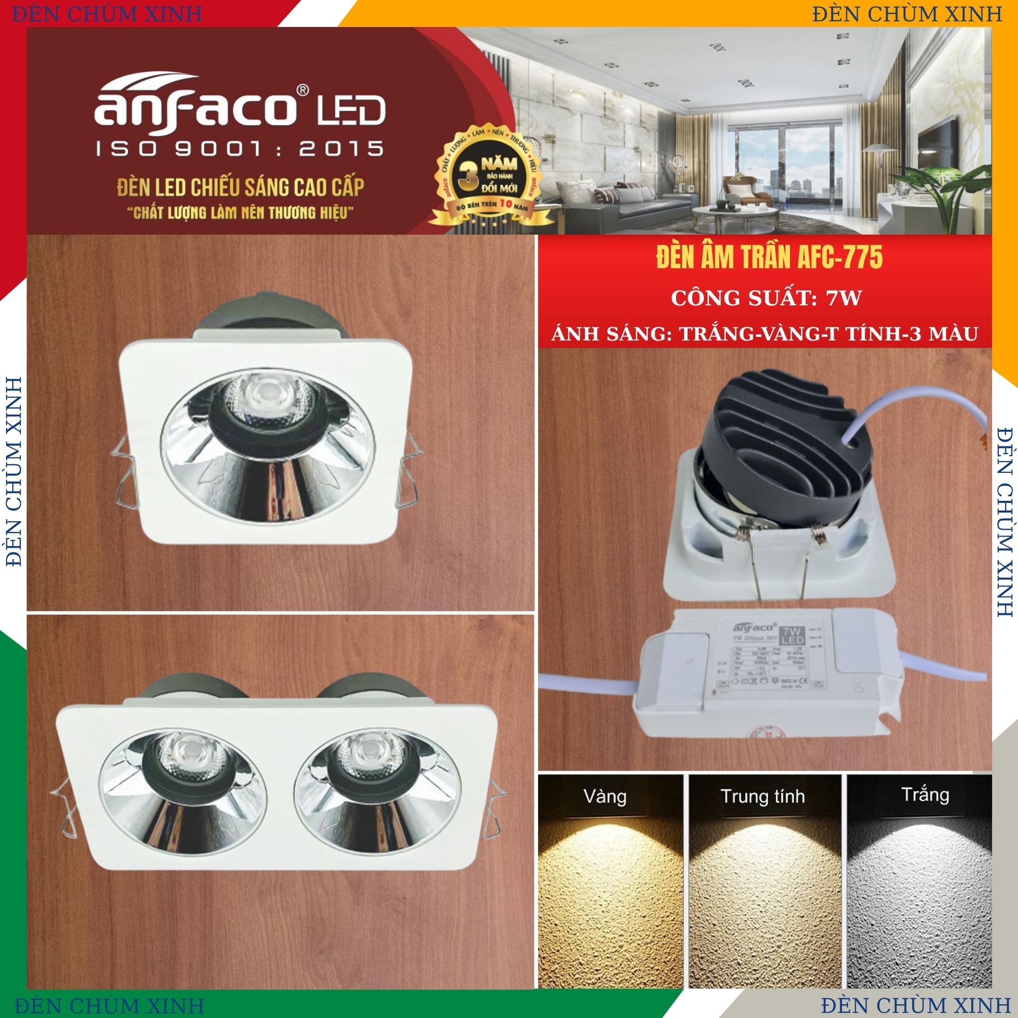ĐÈN LED ÂM TRẦN AFC 775/2-7W ( 3 MÀU ) CHÍNH HÃNG ANFACO