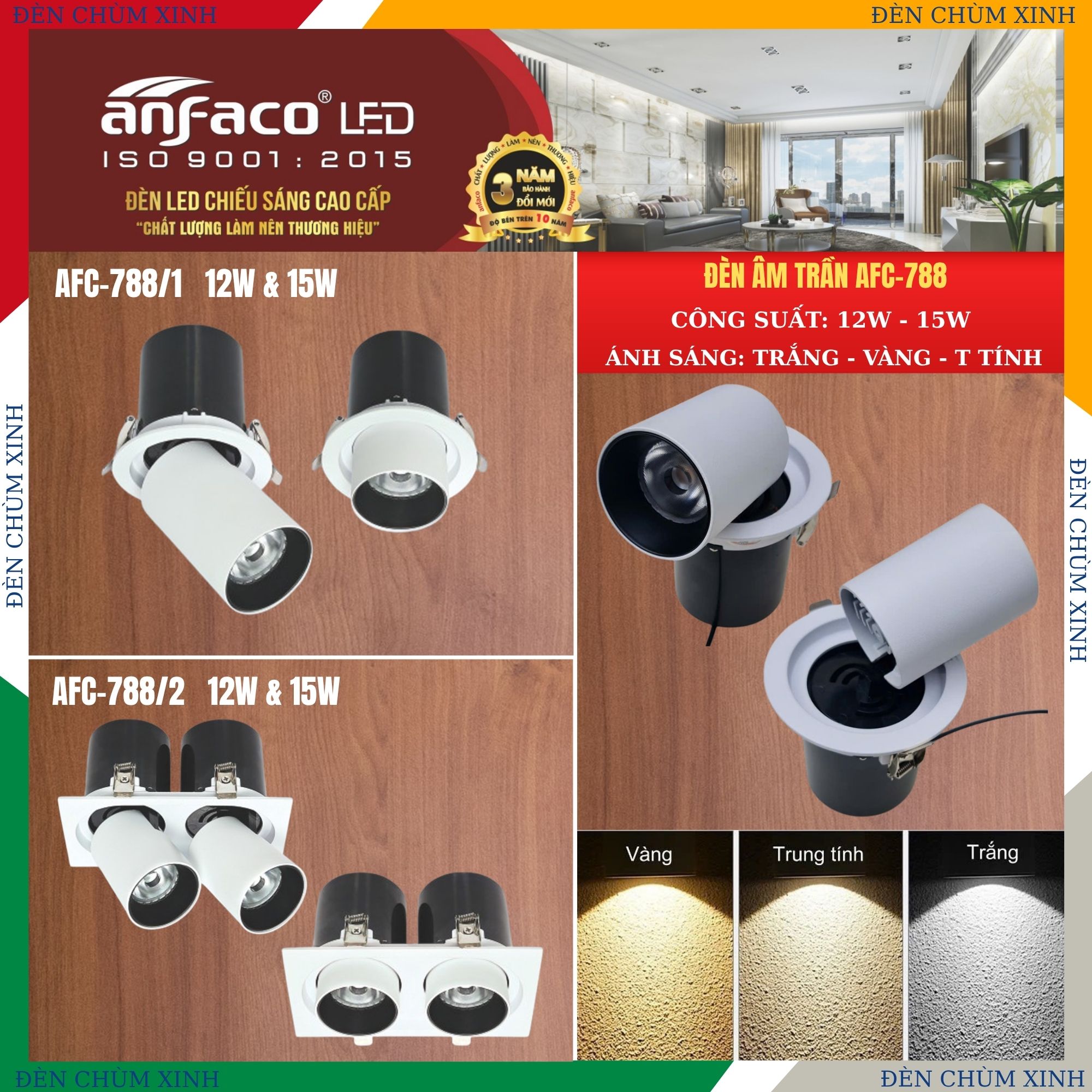 ĐÈN LED ÂM TRẦN AFC 788/2-12W ĐIỀU CHỈNH GÓC CHÍNH HÃNG ANFACO