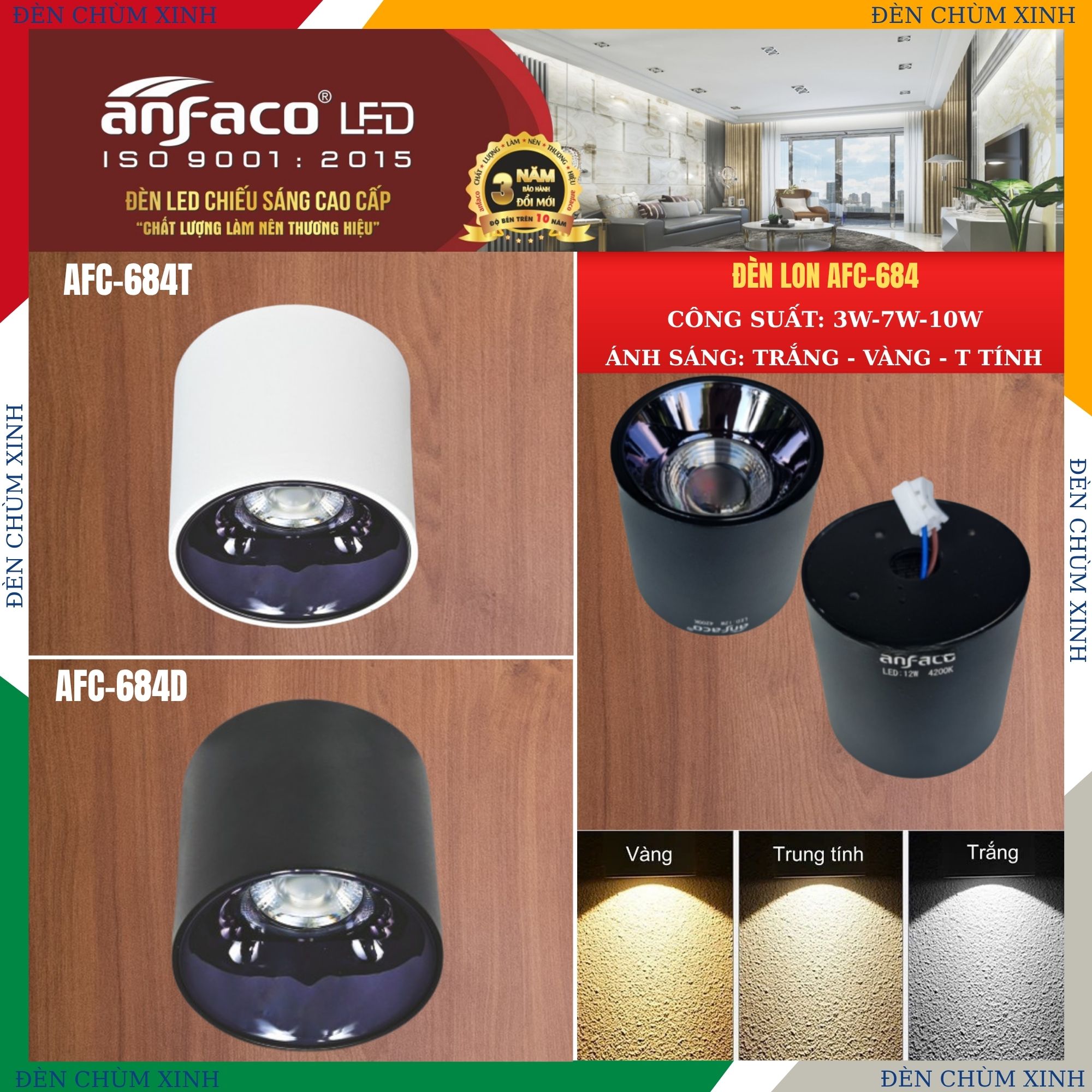 ĐÈN LED LON NỔI AFC 684D-7W ĐEN CHÍNH HÃNG ANFACO