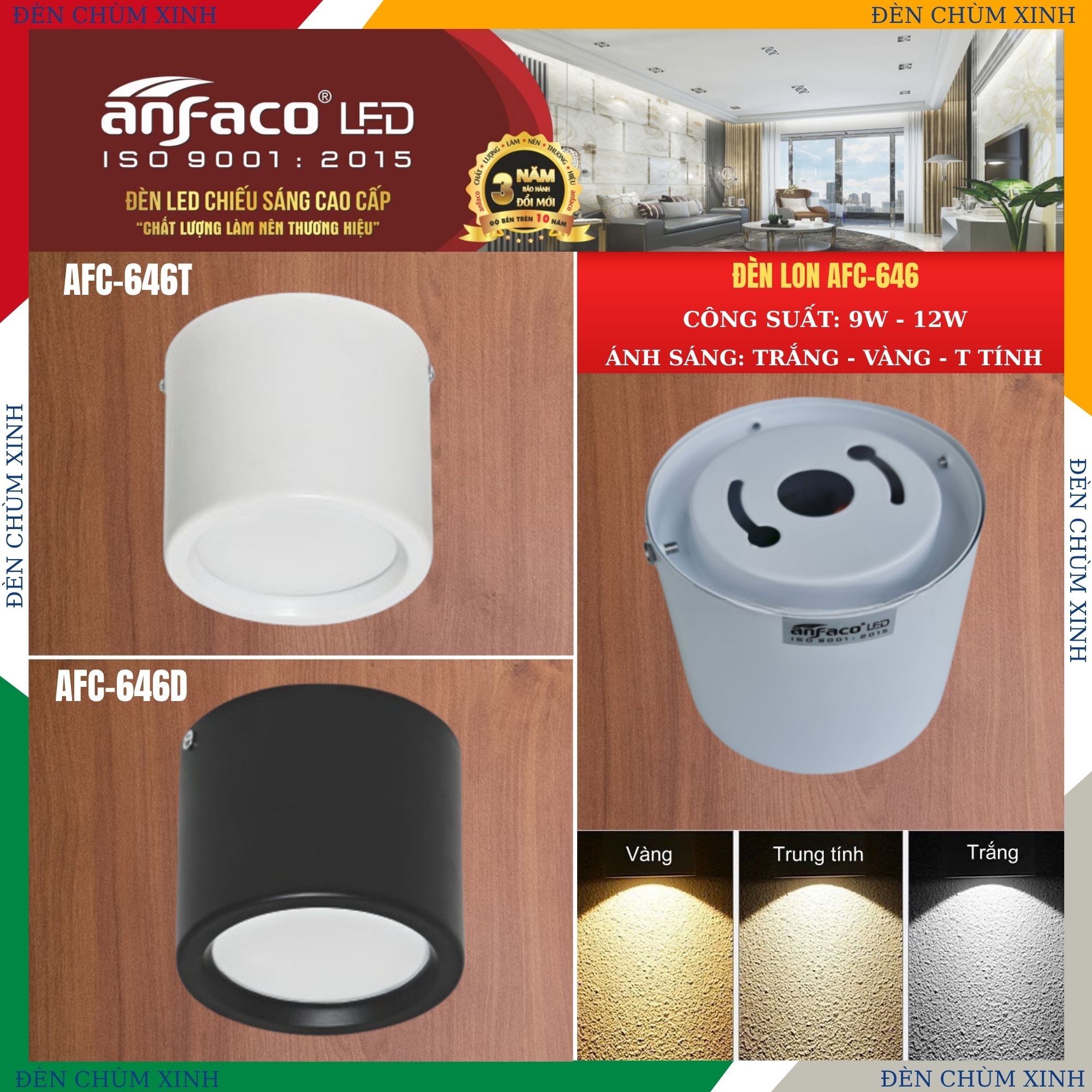 ĐÈN LON NỔI AFC 646T-12W TRẮNG CHÍNH HÃNG ANFACO