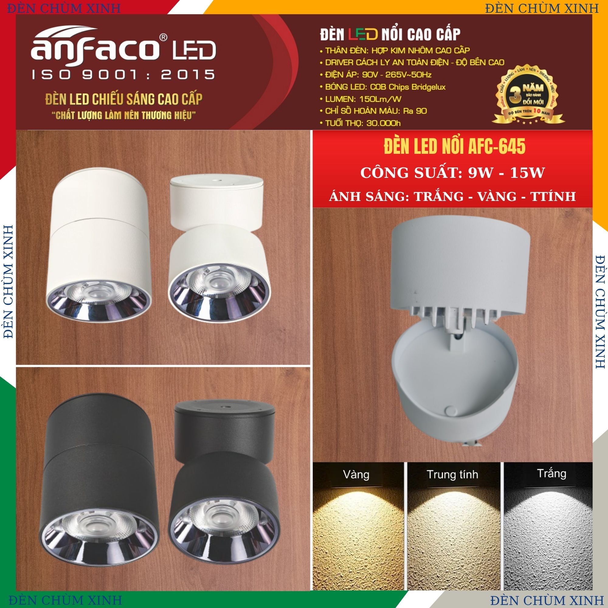 ĐÈN LED NỔI AFC 645T-9W TRẮNG ĐIỀU CHỈNH GÓC CHÍNH HÃNG ANFACO