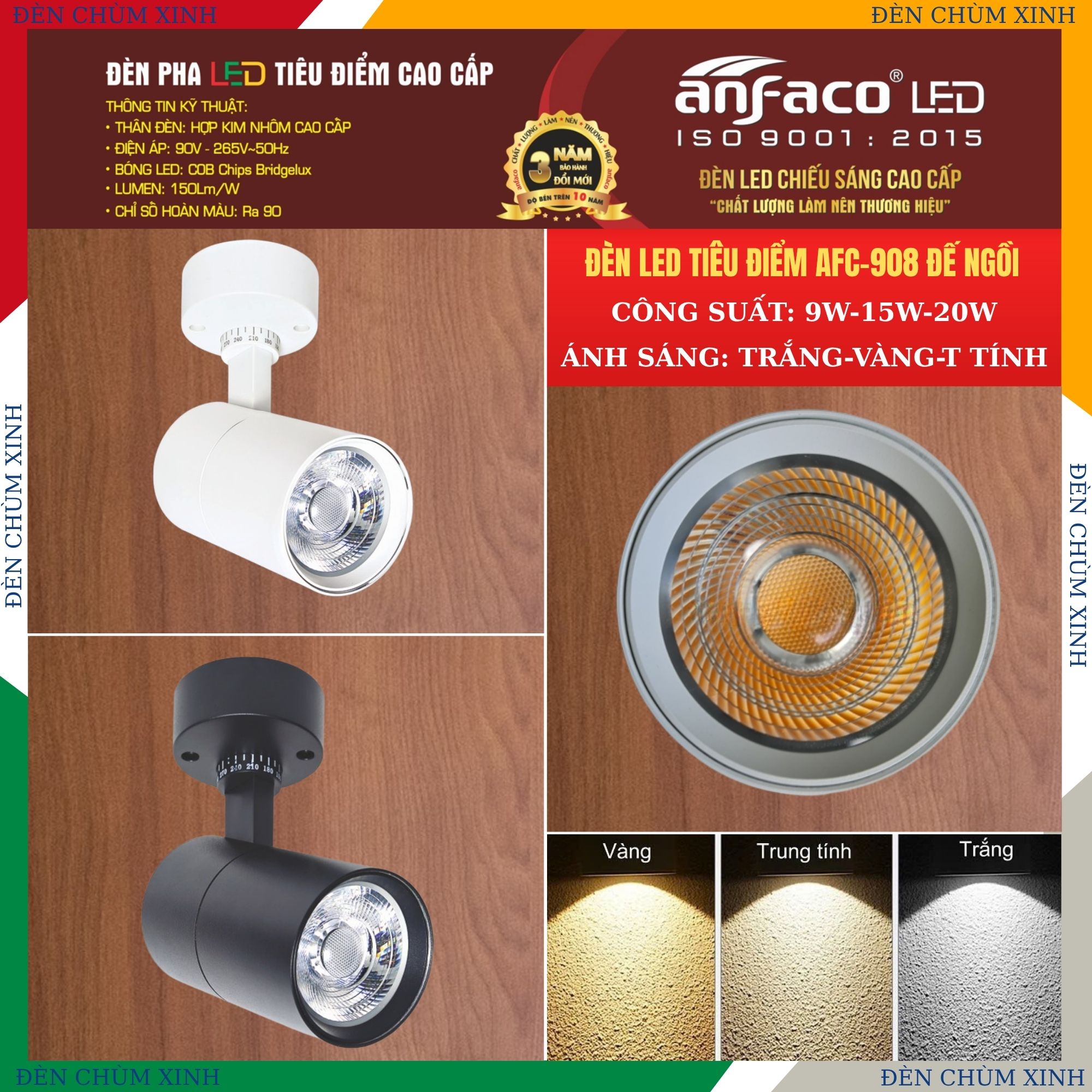 ĐÈN PHA LED TIÊU ĐIỂM AFC 908D/15W ĐẾ NGỒI CHÍNH HÃNG ANFACO