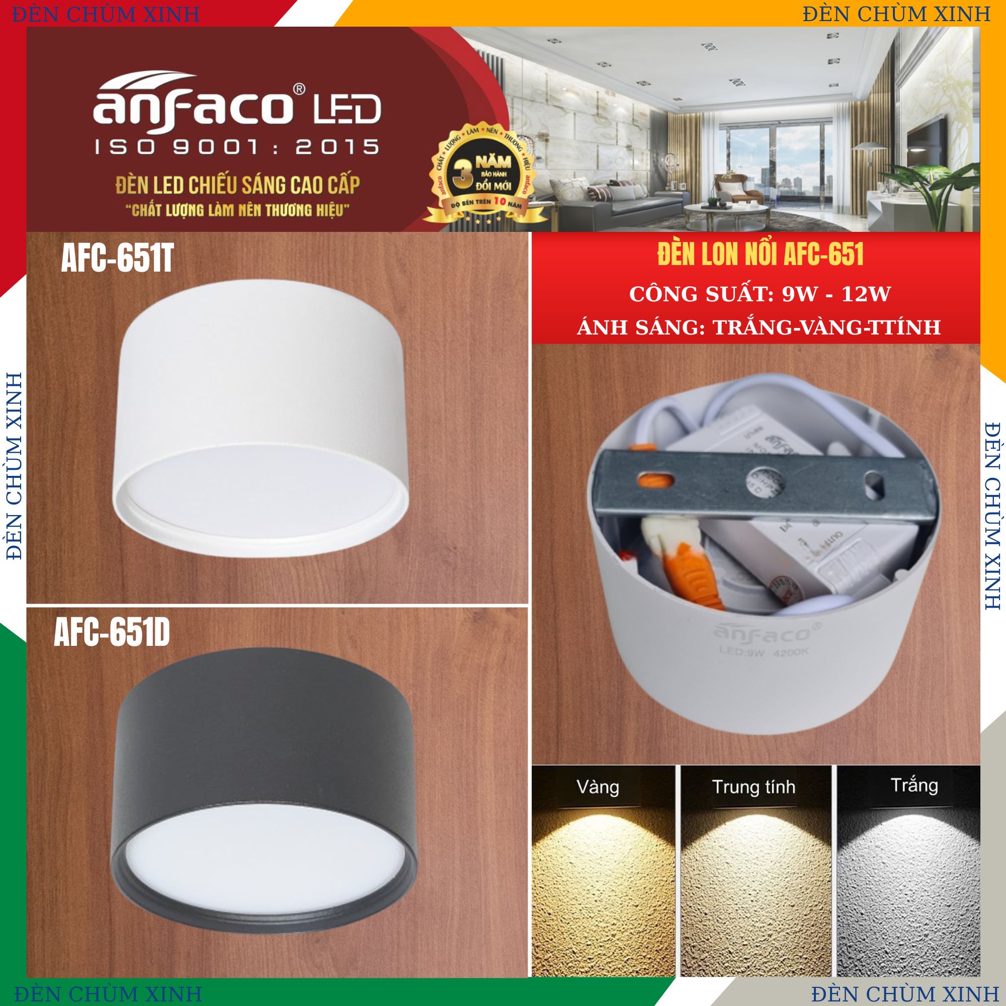 ĐÈN LON NỔI AFC 651T-9W TRẮNG CHÍNH HÃNG ANFACO
