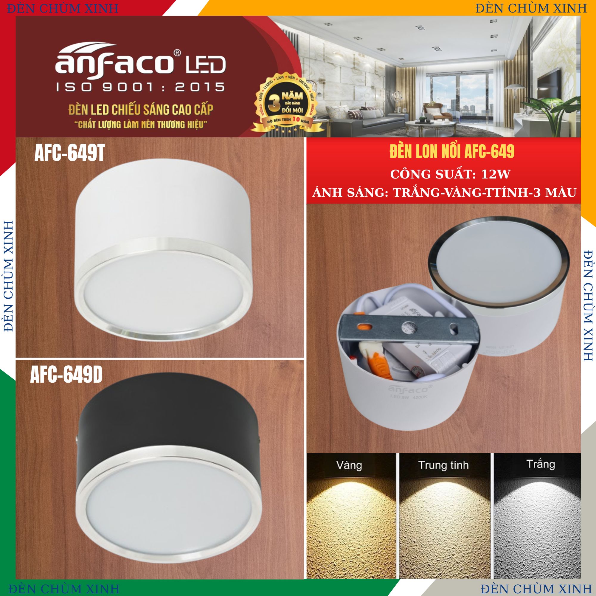 ĐÈN LON NỔI AFC 649T-12W TRẮNG CHÍNH HÃNG ANFACO