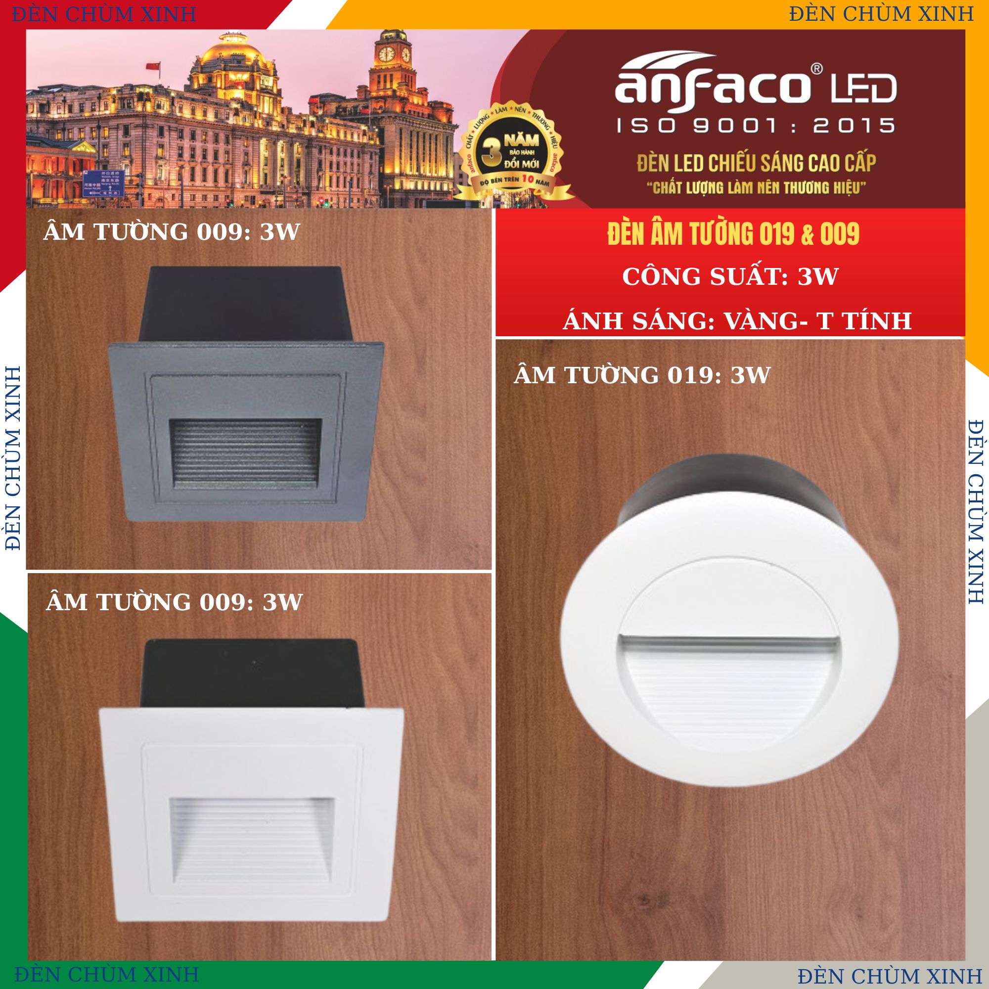 ĐÈN ÂM TƯỜNG 009 TRẮNG CHÍNH HÃNG ANFACO